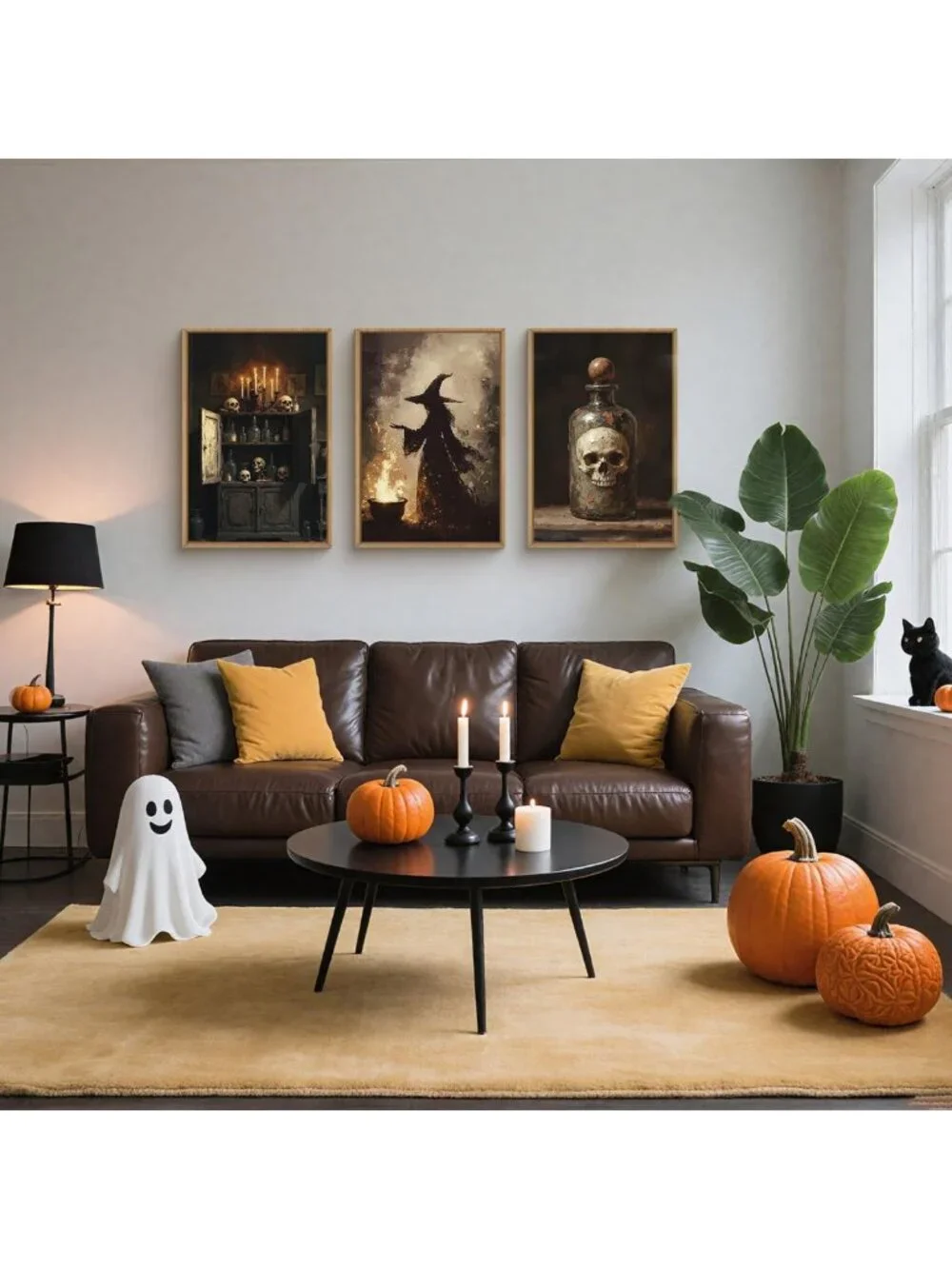 Spooky Halloween Witch Canvas Art Set, Skeleton Vintage Wall Decor, Gothic Home